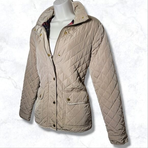 British Khaki Quilted Plaid Lined Zip/Button Outdoor Jacket - Picture 5 of 11